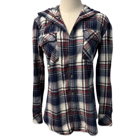 Women's TNA Boyfriend Fit Hooded Blue and Red Plaid XXS - Picture 1 of 16